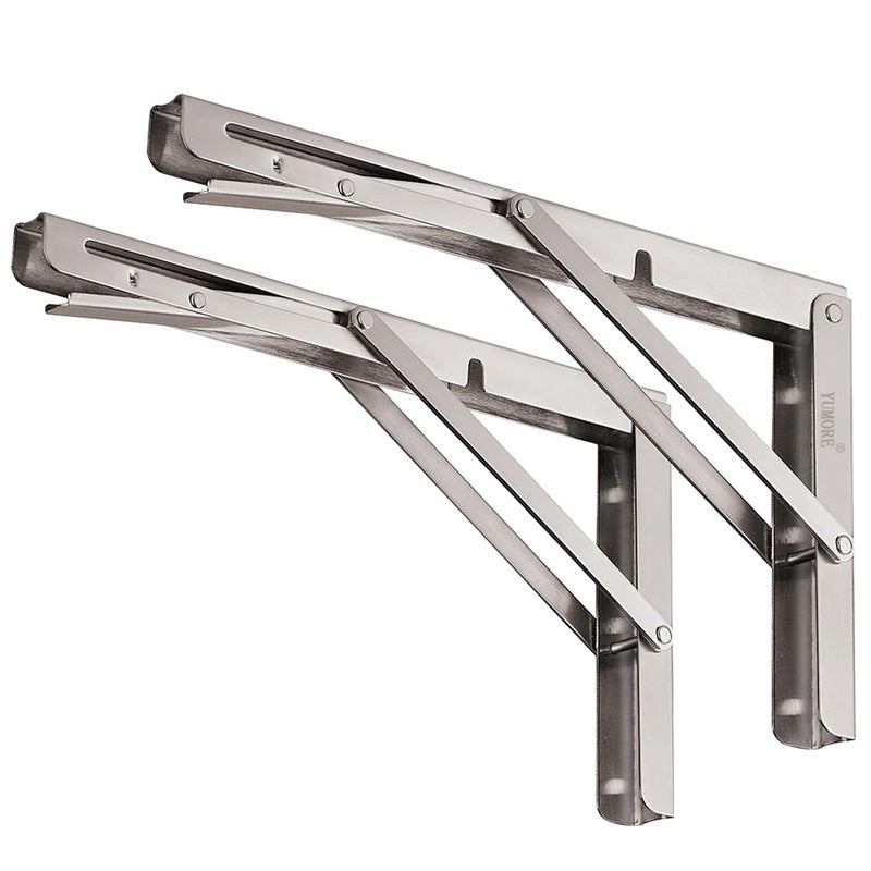 YUMORE Folding Shelf Brackets 12", Max Load: 330lb Heavy Duty Stainless Steel Collapsible Shelf Bracket for Table Work Bench, Space Saving DIY Bracket, Pack of 2 - Image 1